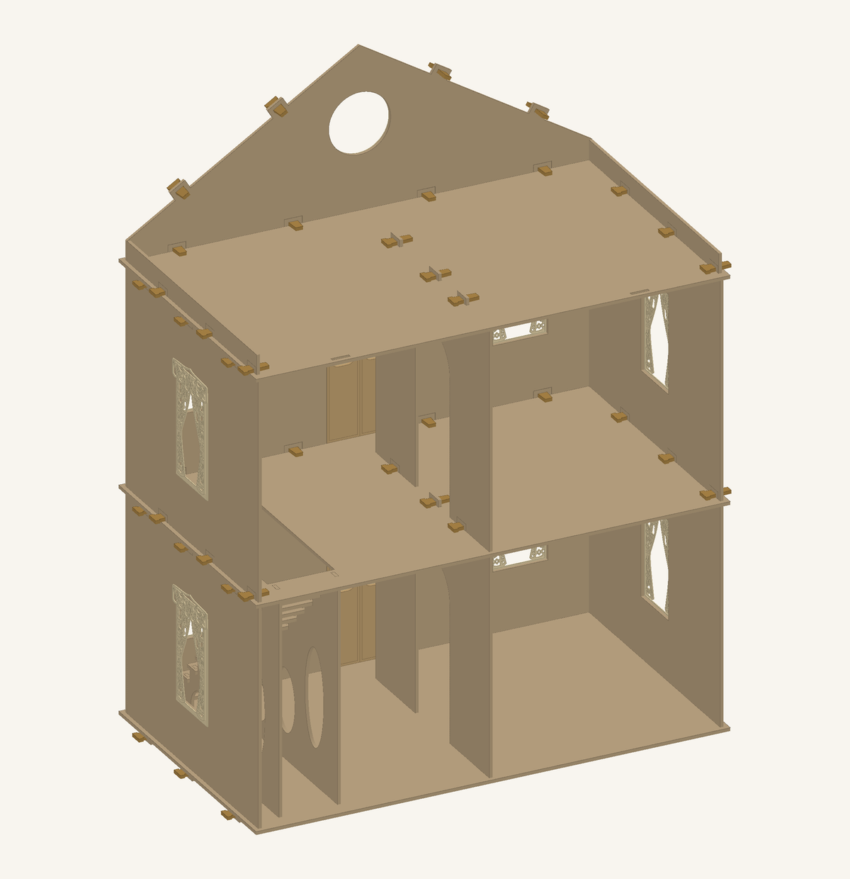 Open-back CAD view of the Laurel House shell showing four rooms, an attic and the straight internal staircase.