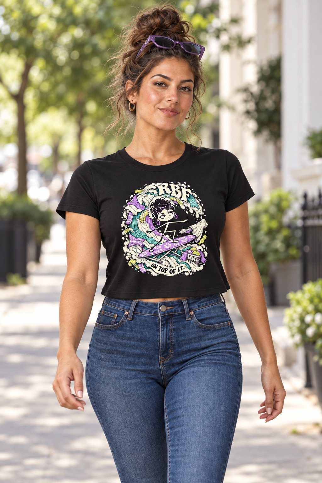 Lifestyle mockup: Laundry Tsunami Women's Graphic Tee, modeled view 1.