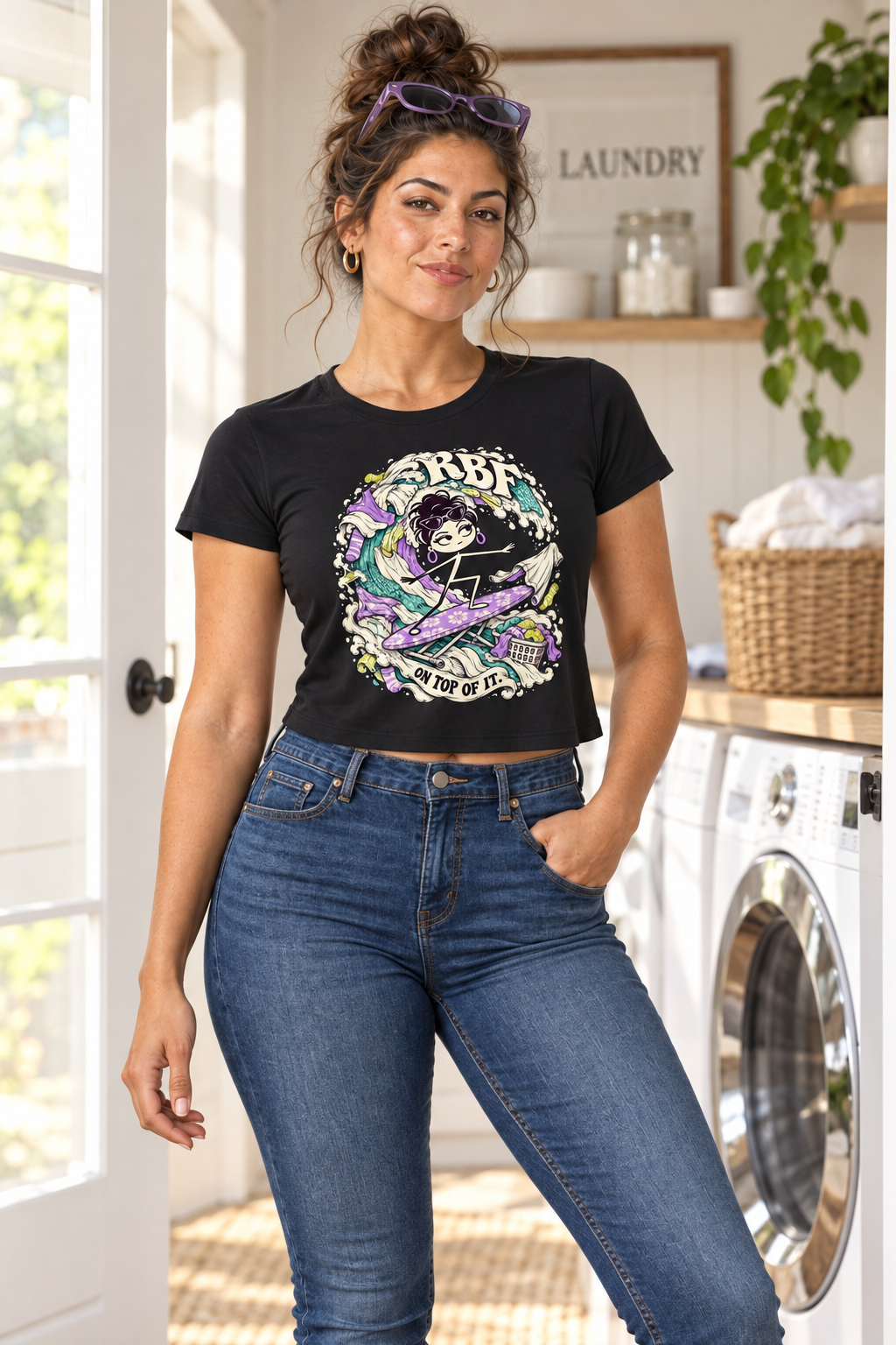 Lifestyle mockup: Laundry Tsunami Women's Graphic Tee, modeled view 2.