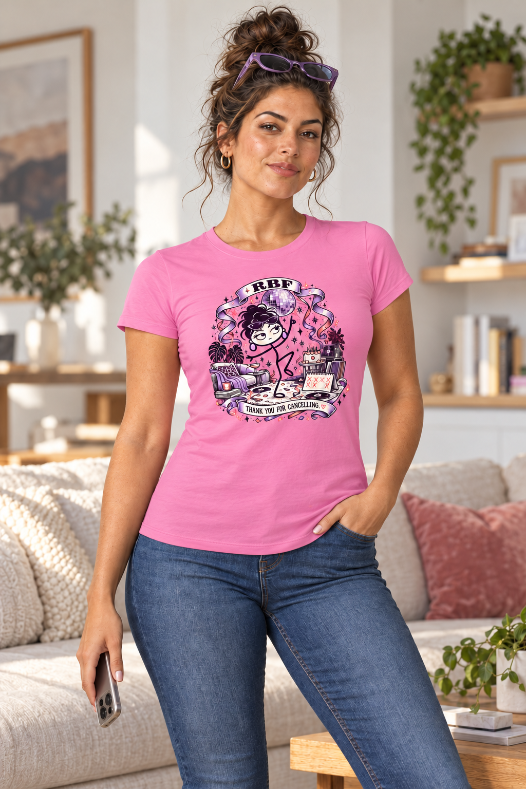 Lifestyle mockup: Thank You for Cancelling Women's Graphic Tee, modeled view 1.