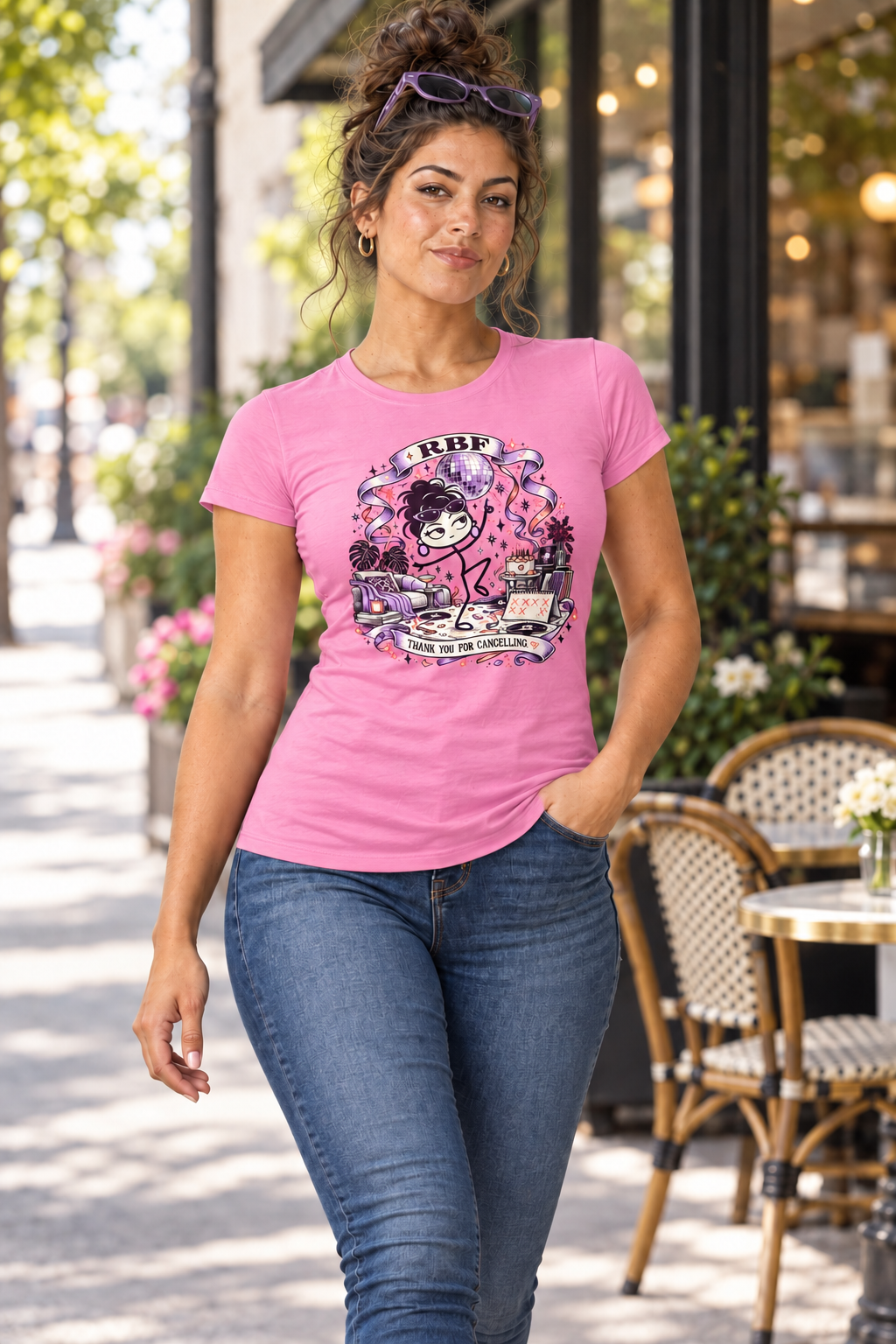 Lifestyle mockup: Thank You for Cancelling Women's Graphic Tee, modeled view 2.