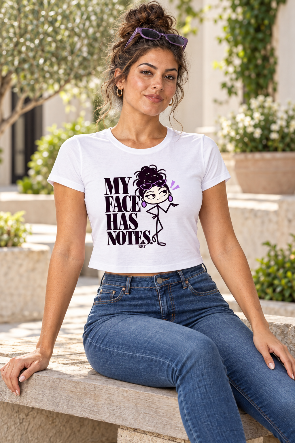 Lifestyle mockup: My Face Has Notes Women's Flowy Cropped Tee, modeled view 2.