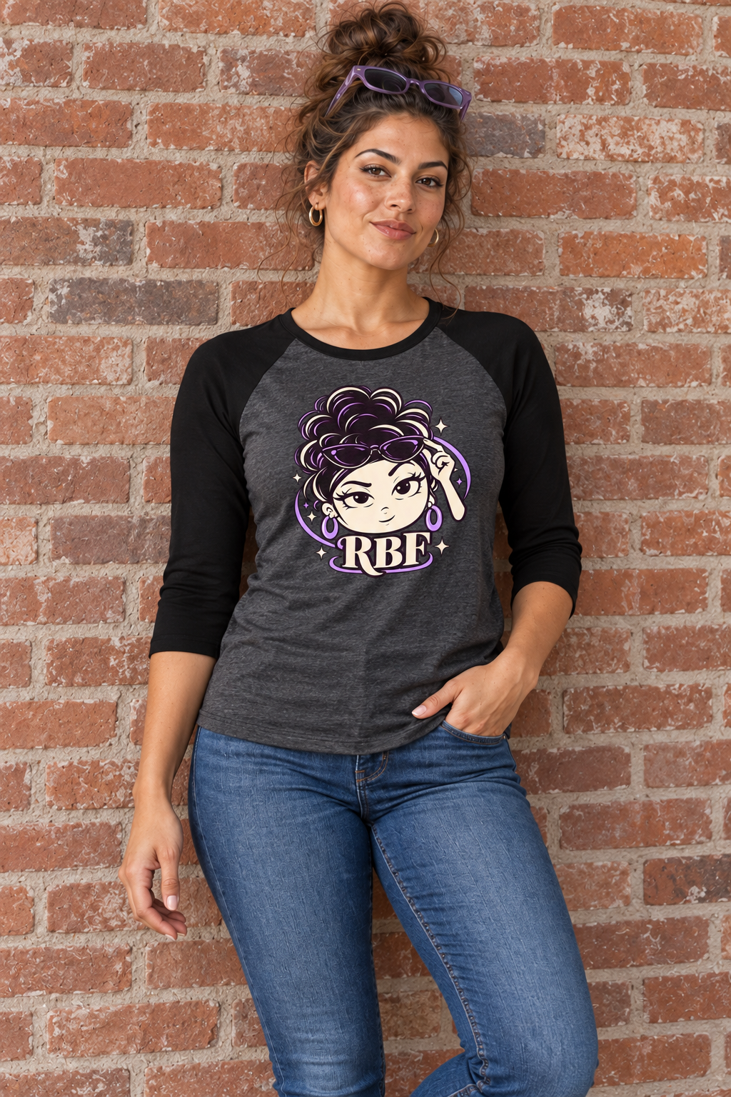 Lifestyle mockup: Chan Signature RBF Women's 3/4 Sleeve Raglan Tee, modeled view 1.