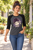Lifestyle mockup: Chan Signature RBF Women's 3/4 Sleeve Raglan Tee, modeled view 2.