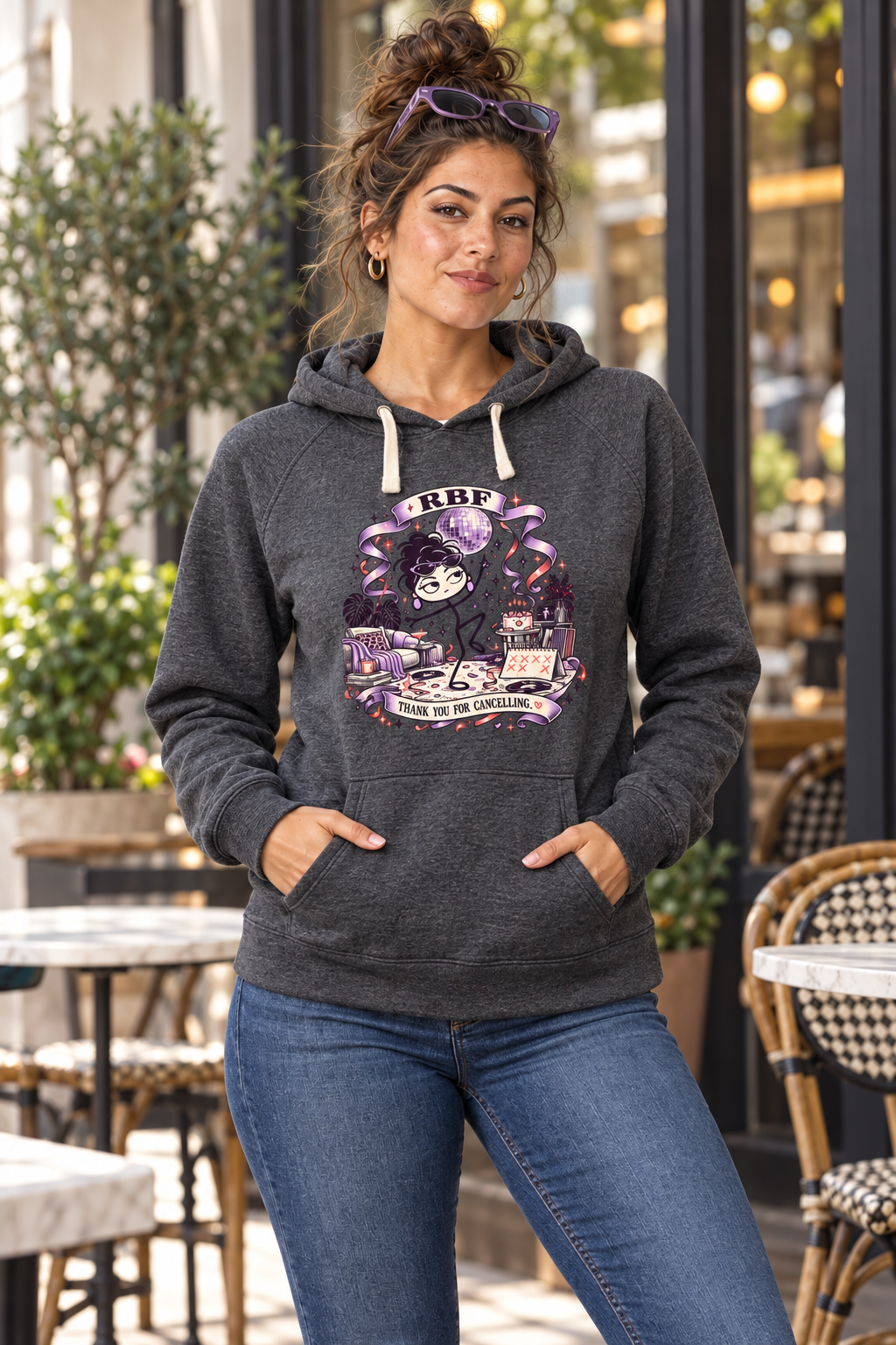 Lifestyle mockup: Thank You for Cancelling Women's Pullover Hoodie, modeled view 1.