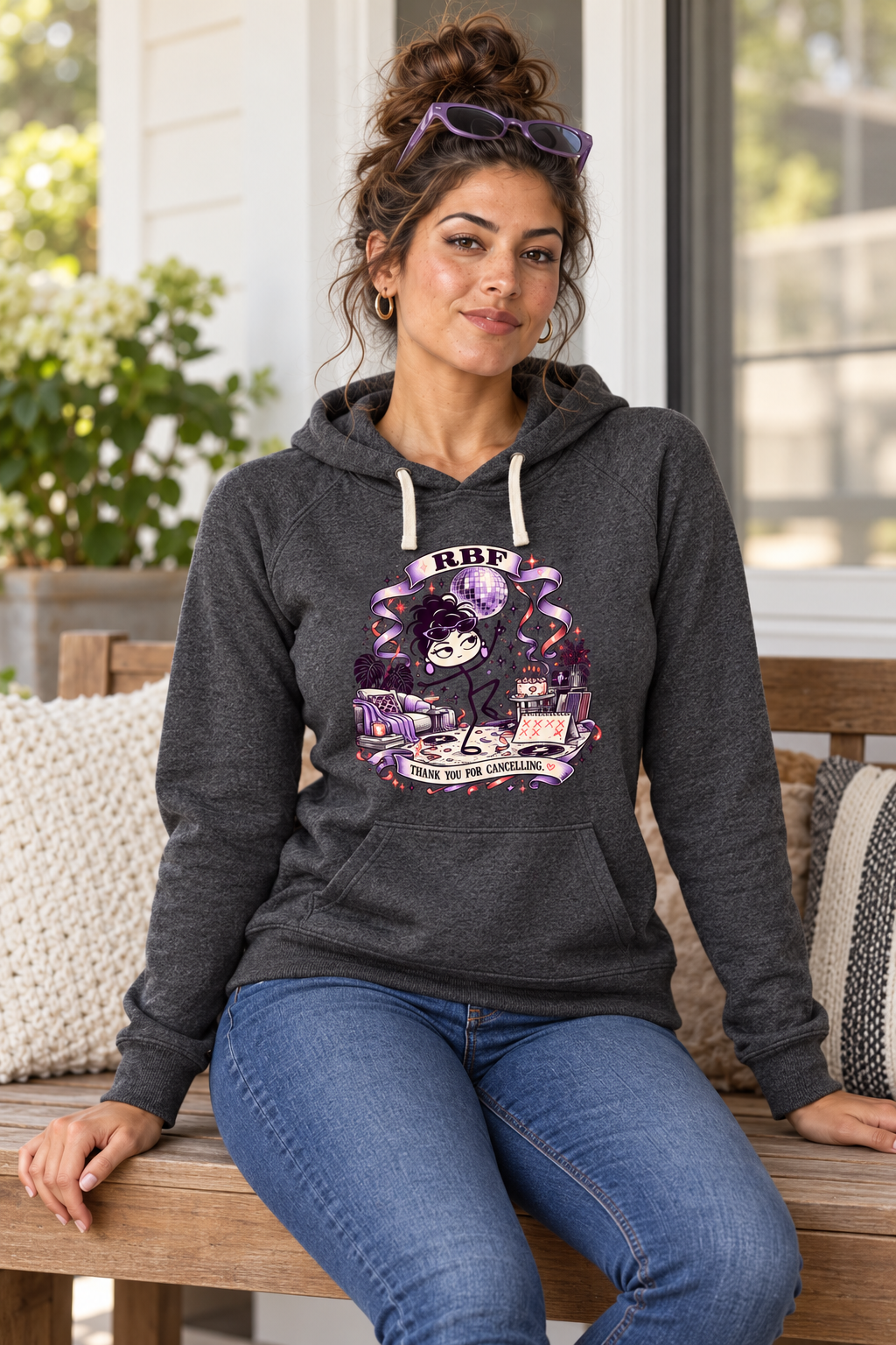 Lifestyle mockup: Thank You for Cancelling Women's Pullover Hoodie, modeled view 2.