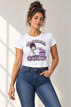 Lifestyle mockup: Chuck It in the F*ck It Bucket — Women's Flowy Cropped Tee | RBF + Chan, modeled view 1.