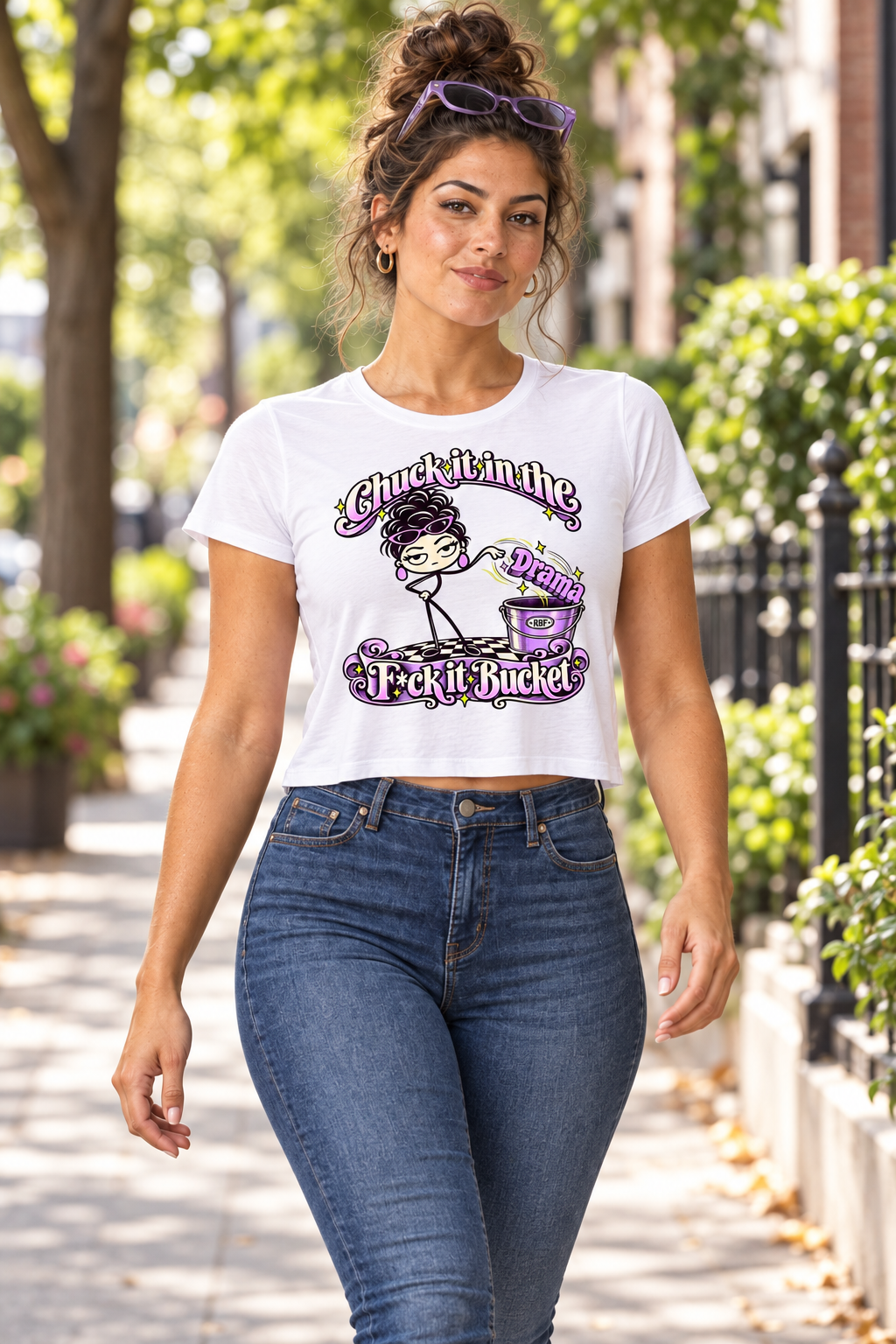 Lifestyle mockup: Chuck It in the F*ck It Bucket — Women's Flowy Cropped Tee | RBF + Chan, modeled view 2.