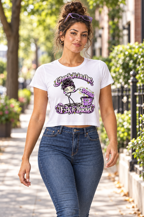 Lifestyle mockup: Chuck It in the F*ck It Bucket — Women's Flowy Cropped Tee | RBF + Chan, modeled view 2.