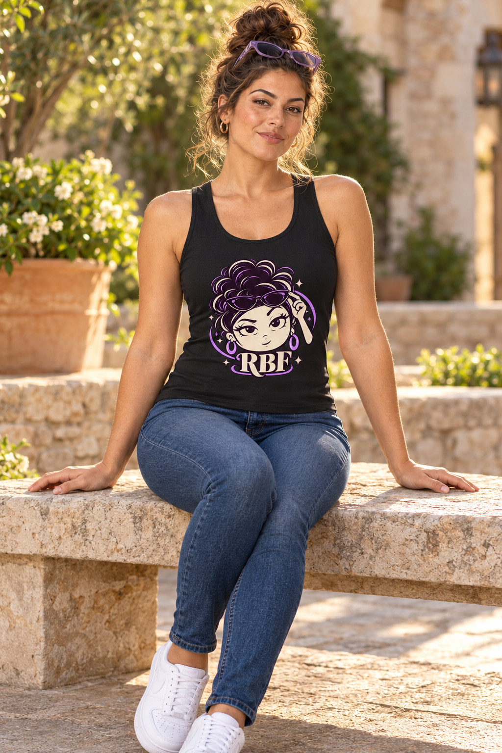 Lifestyle mockup: Chan Signature RBF tank top in Black. Seated on a courtyard bench with the front design visible.
