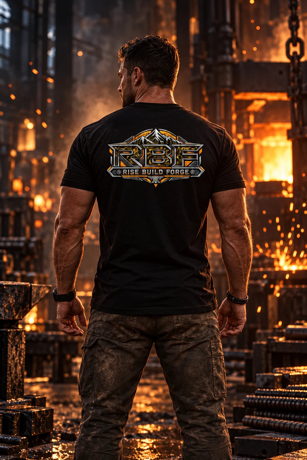 RBF Forged Carbon Gold tee in a dramatic forge workshop campaign scene