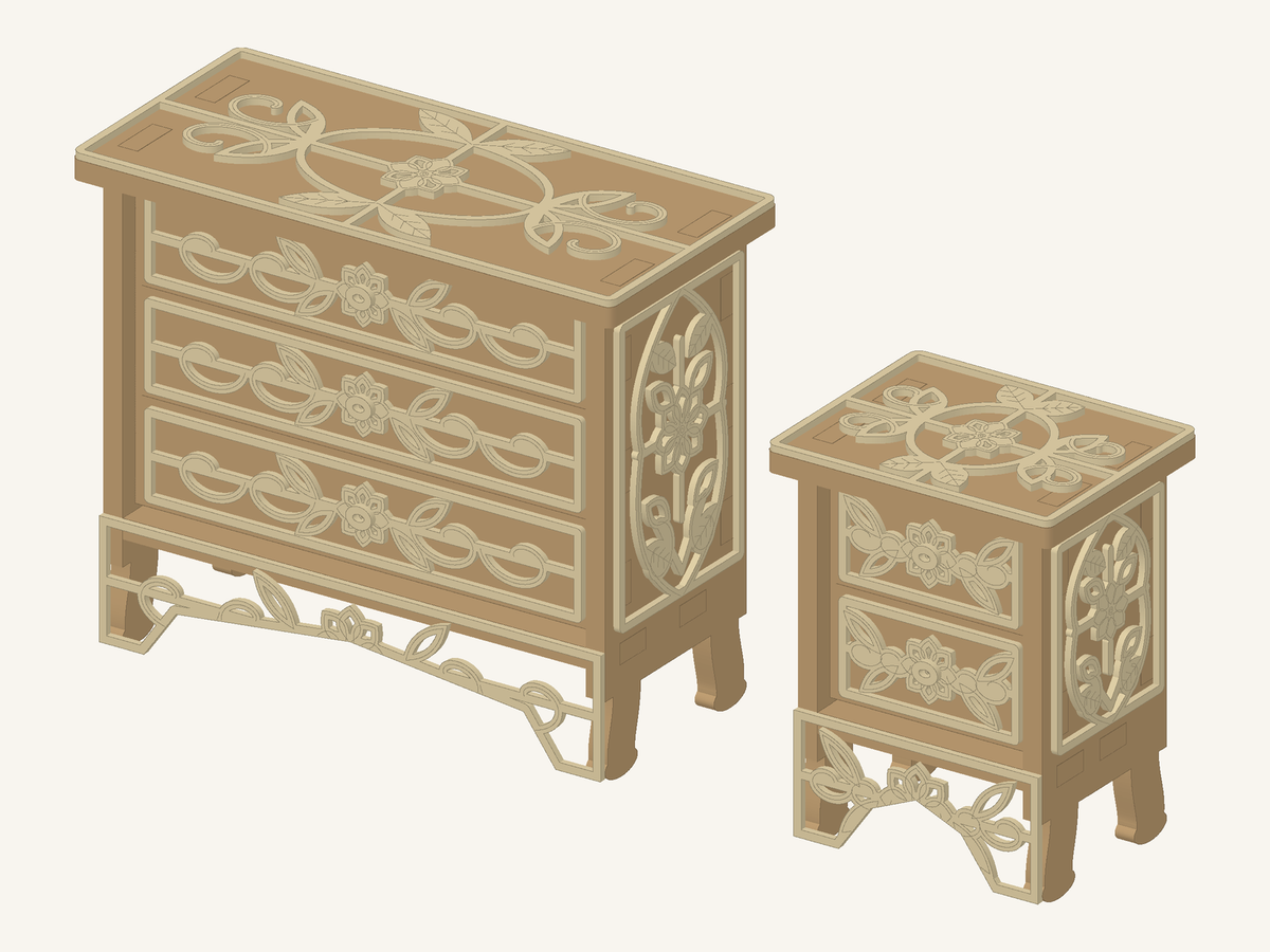 Original CAD preview of a Rococo miniature dresser and matching bedside cabinet with floral drawer lace and decorative feet.