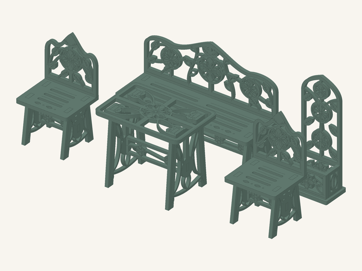 CAD preview of a Rosette miniature garden set with a floral bench, two chairs, pierced patio table and rose-trellis planter.