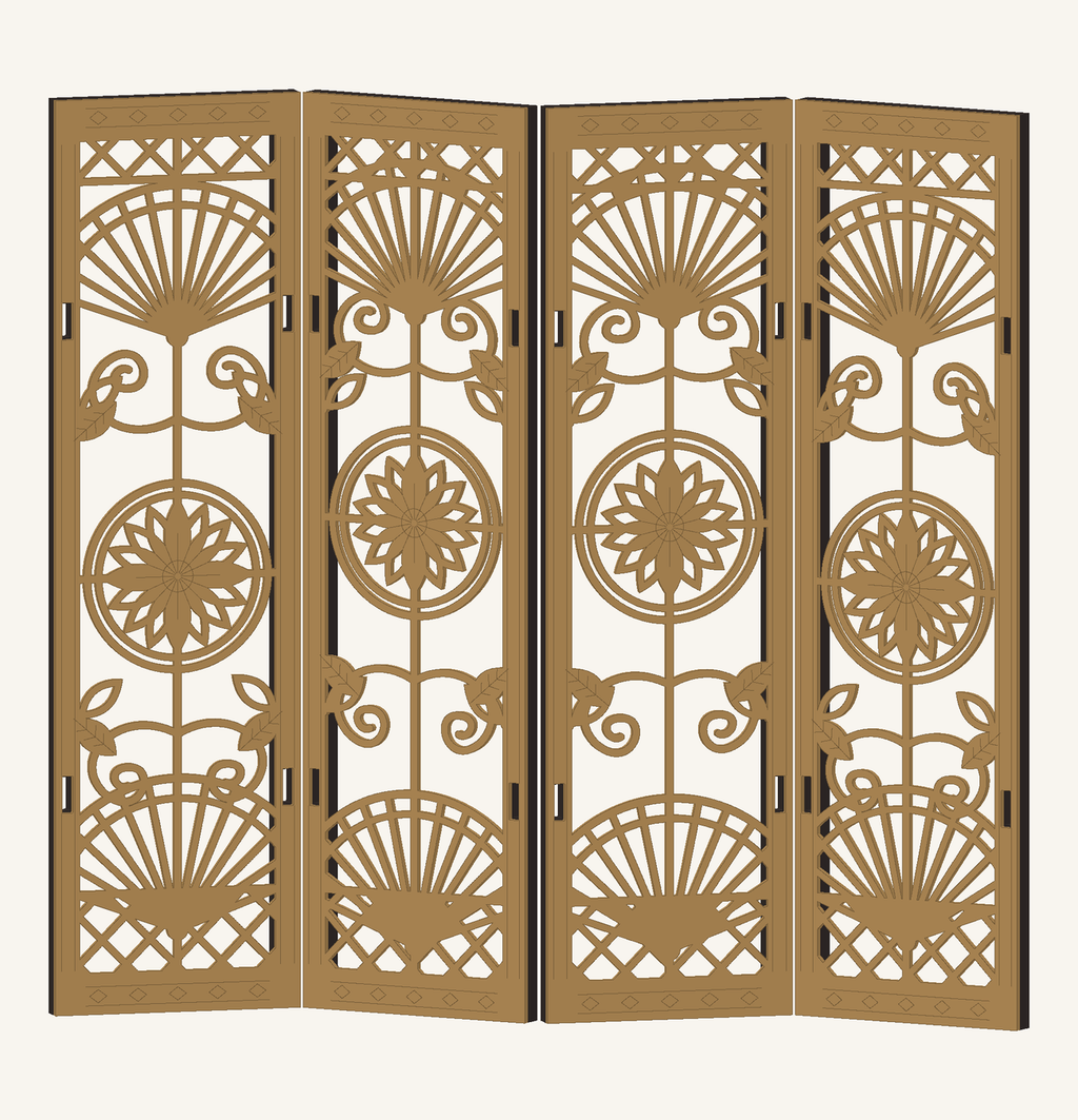 CAD preview of the four-panel Chrysanthemum and Fan miniature folding screen with pierced flowers and fan motifs.