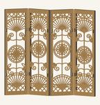 CAD preview of the four-panel Chrysanthemum and Fan miniature folding screen with pierced flowers and fan motifs.