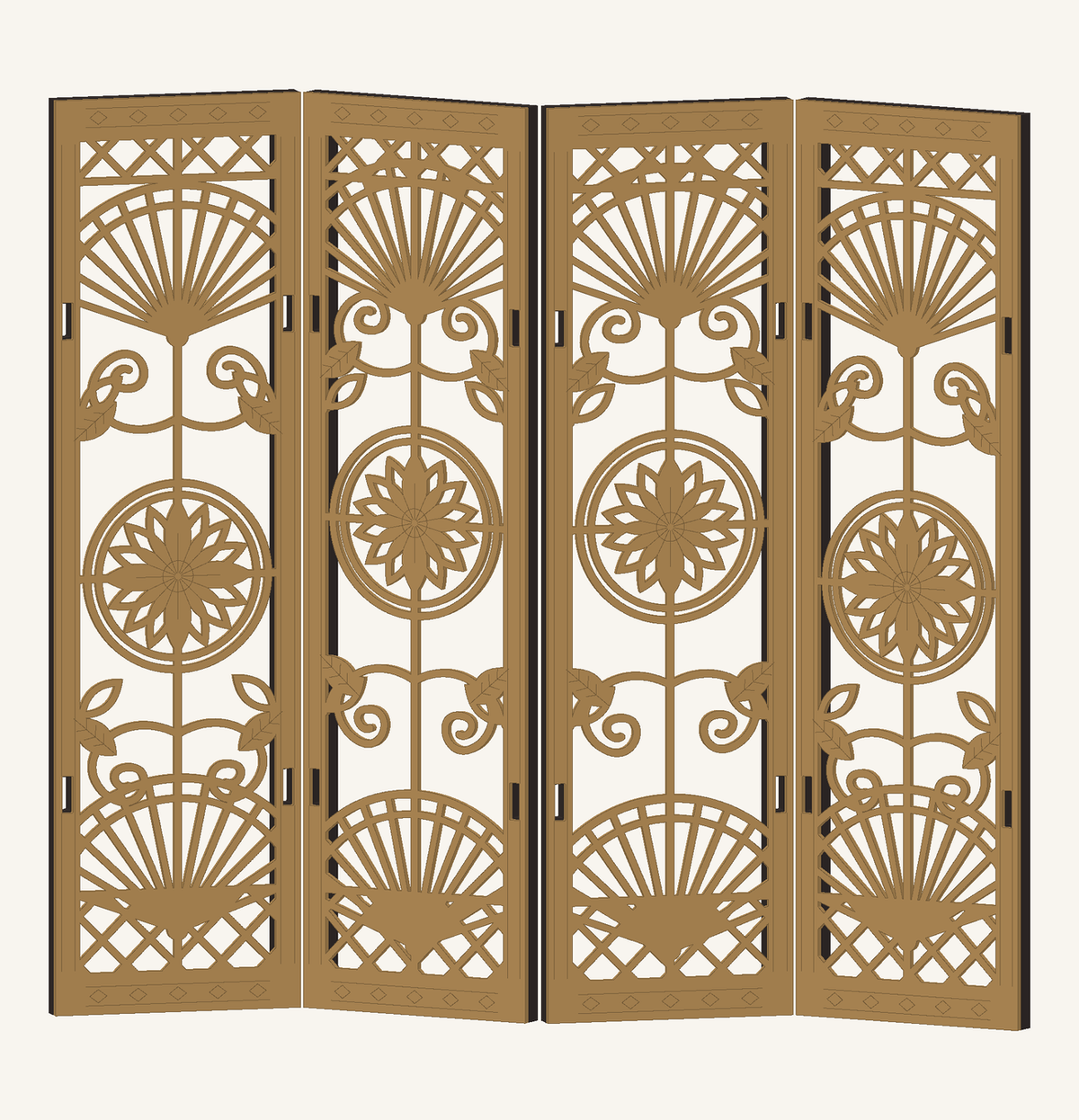 CAD preview of the four-panel Chrysanthemum and Fan miniature folding screen with pierced flowers and fan motifs.