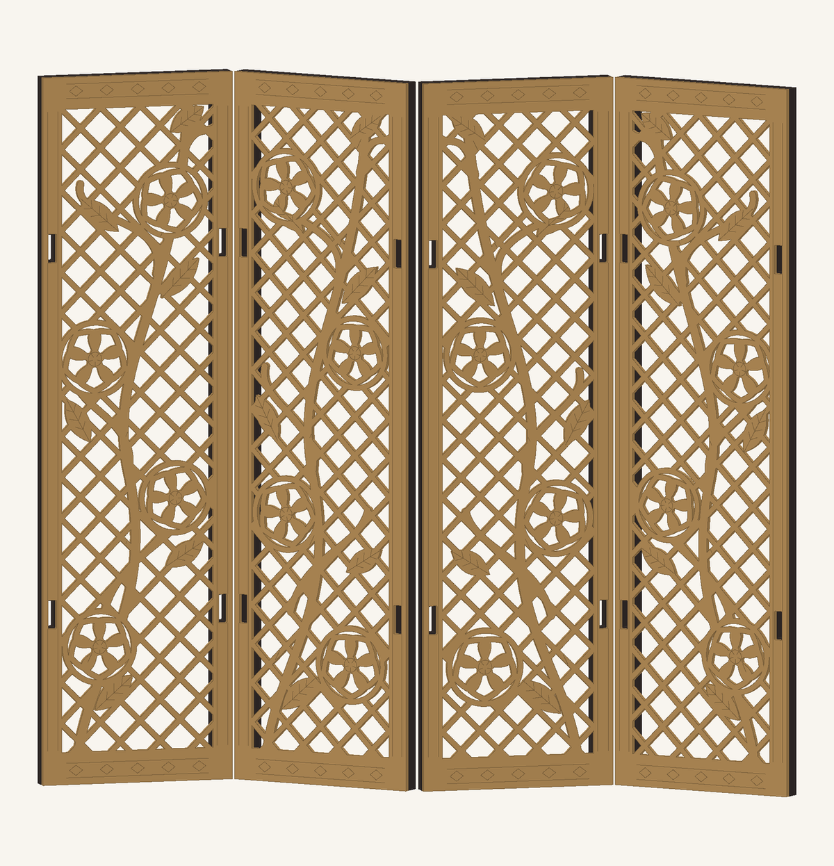 CAD preview of the four-panel Sakura and Lattice miniature folding screen with cherry branches and blossoms.