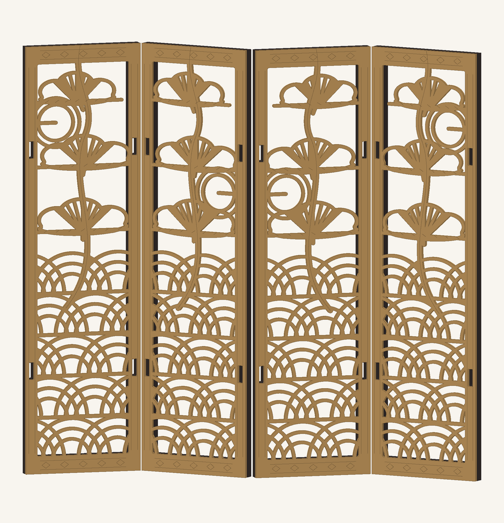 CAD preview of the four-panel Waves and Pine miniature folding screen with nested waves, pine forms and moon rings.