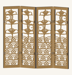 CAD preview of the four-panel Waves and Pine miniature folding screen with nested waves, pine forms and moon rings.