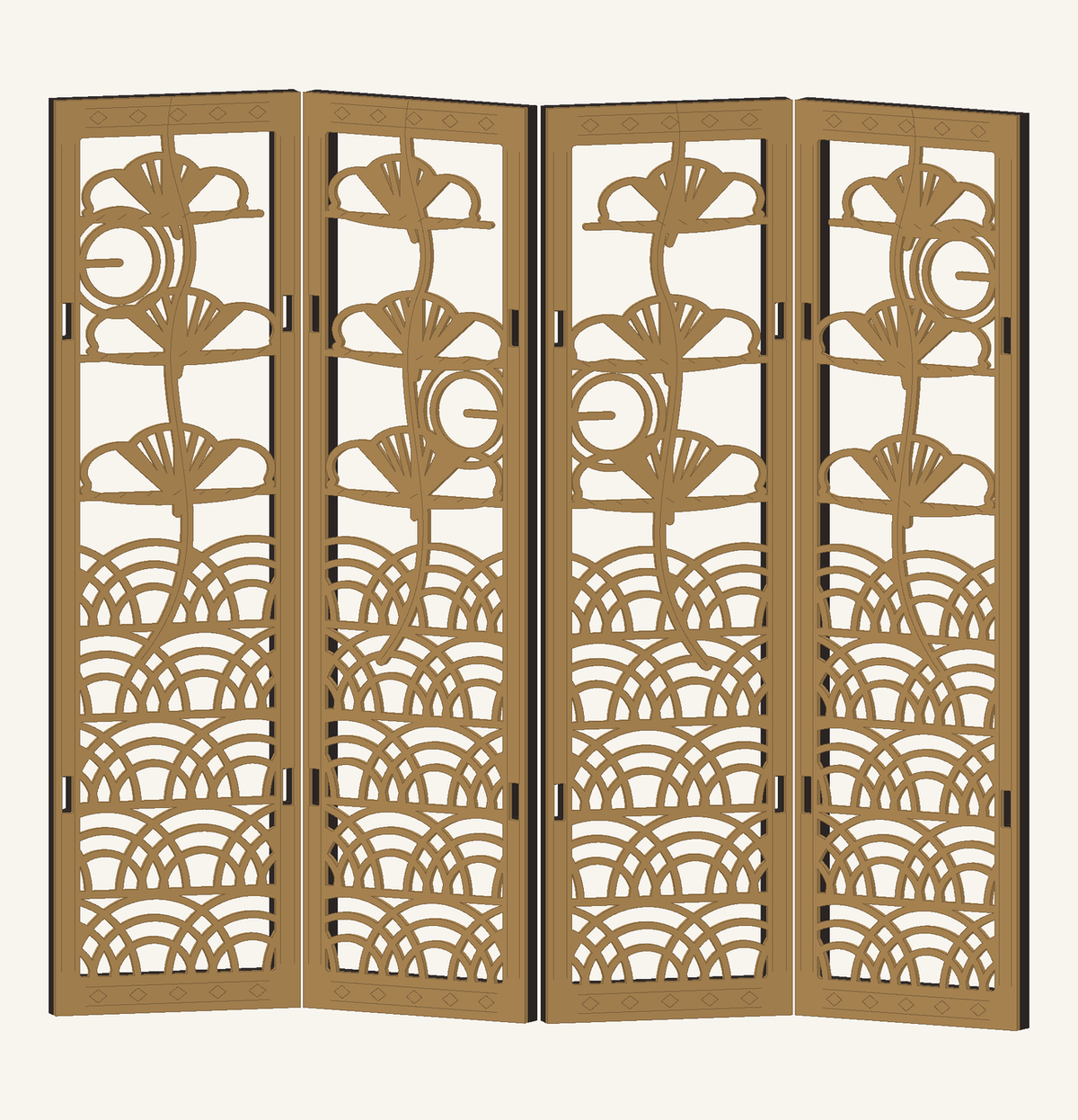 CAD preview of the four-panel Waves and Pine miniature folding screen with nested waves, pine forms and moon rings.