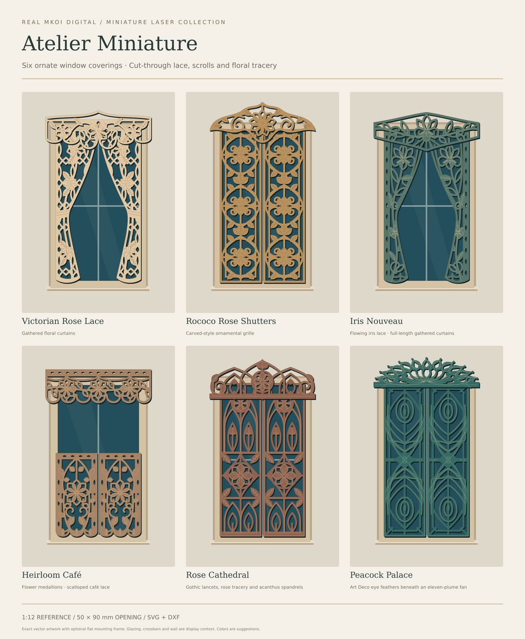 Collection preview of six ornate dollhouse window covering designs with mirrored panels and matching valances; surrounding window features are display context.