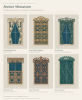 Collection preview of six ornate dollhouse window covering designs with mirrored panels and matching valances; surrounding window features are display context.