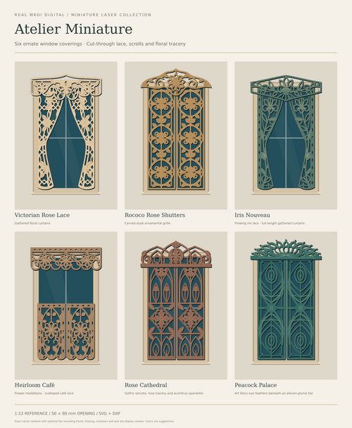 Collection preview of six ornate dollhouse window covering designs with mirrored panels and matching valances; surrounding window features are display context.