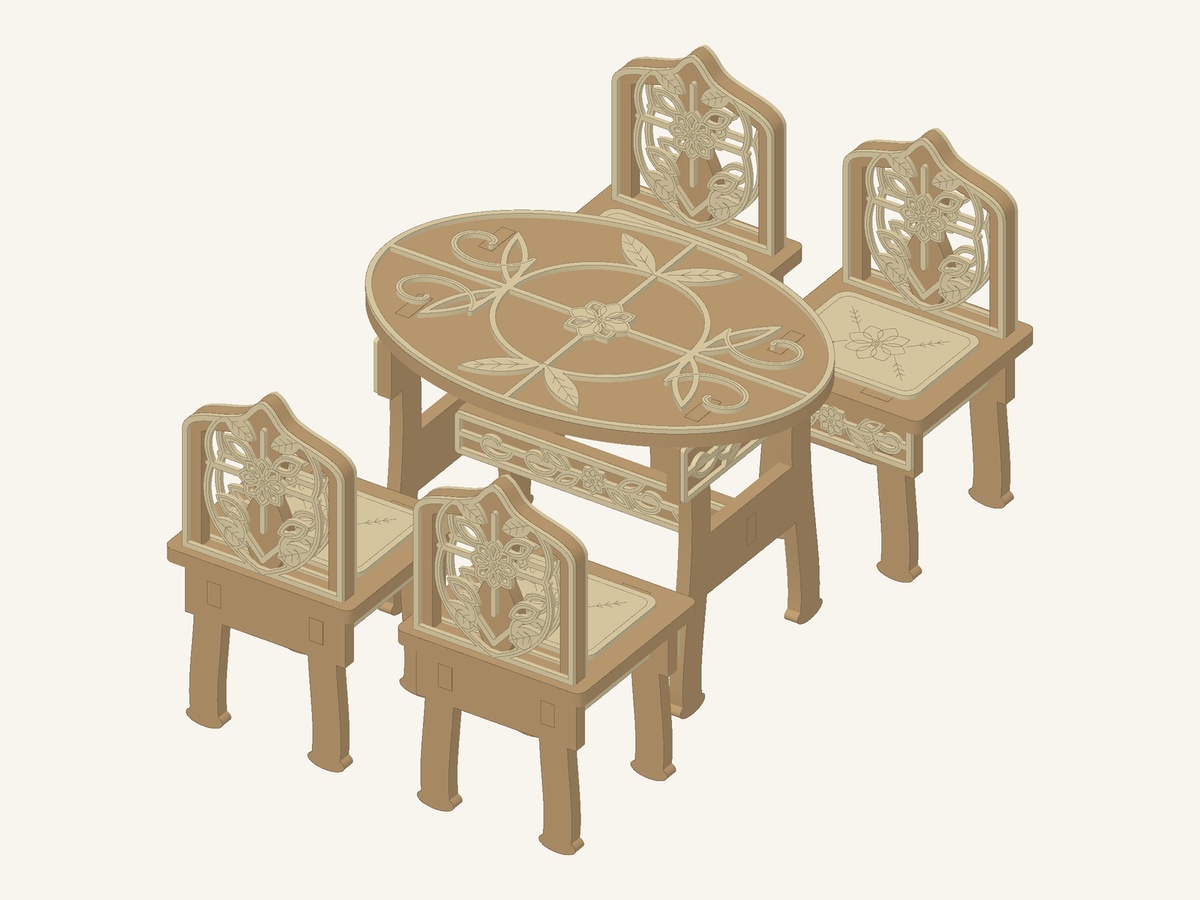 CAD preview of a miniature Victorian oval tea table with floral top overlay and four matching ornate crest-back chairs.